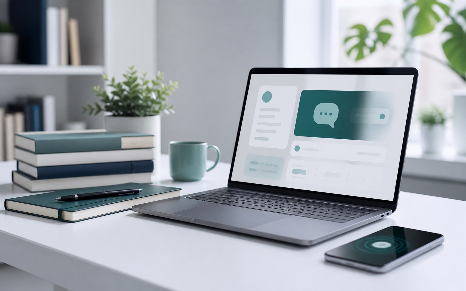 Calm author support workspace with a laptop, books, and a phone