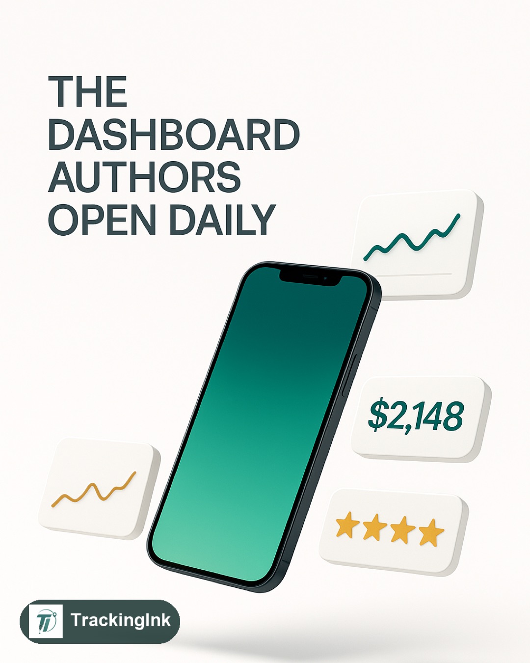 A consolidated author dashboard showing sales, royalties, and ratings across multiple stores on a phone.